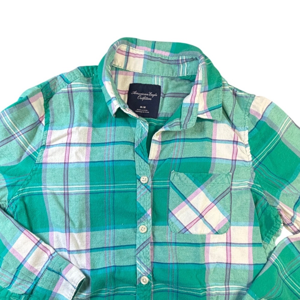 American Eagle Outfitters Womens Green Plaid Flannel Button Down Shirt Size M K1